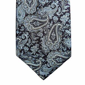 Brooks Brothers XL Long Necktie Tie Silver Blue Black Paisley Silk Made in USA